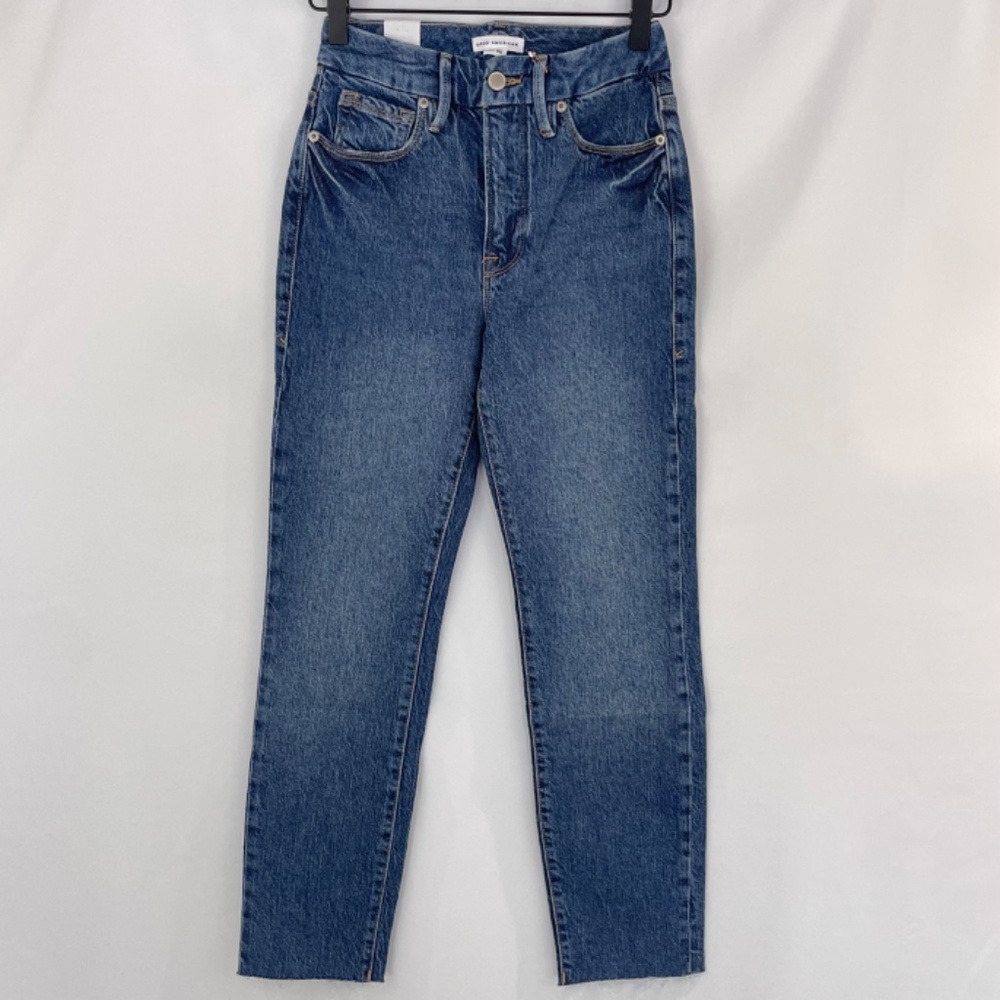 New Good American Slim Straight High Rise Raw Hem Ankle Jeans Blue Size 0 / 25 - Picture 5 of 16